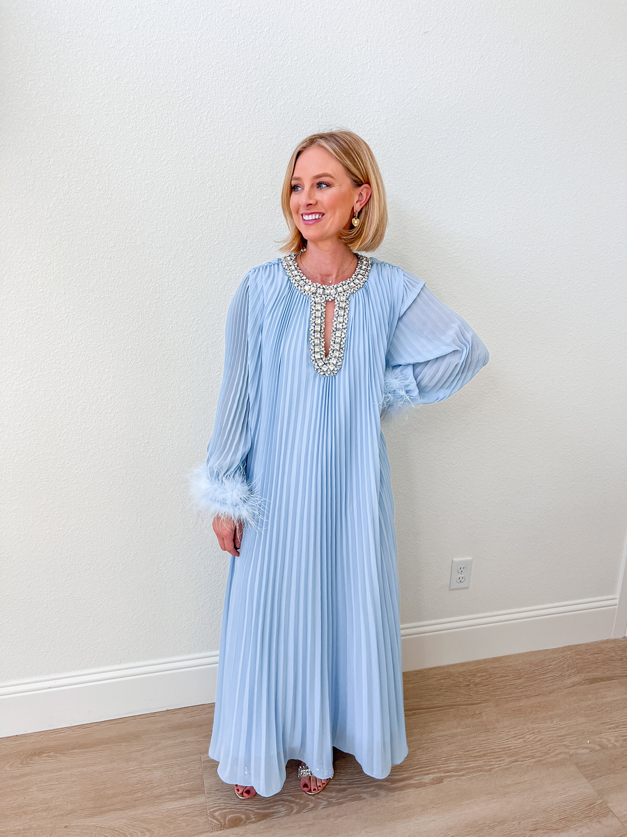 Pleated Maxi Dress with Feather Cuffs | Shop Millie