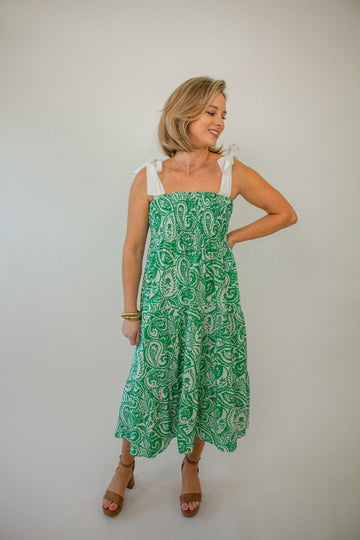 Green-and-White-Paisley-Print-Midi-Dress-with-Tie-Shoulder-Straps