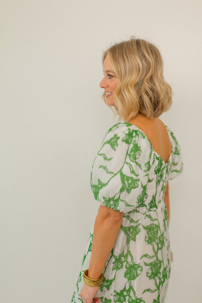 Green and White Floral Puff Sleeve Maxi Dress with Smocked Bodice
