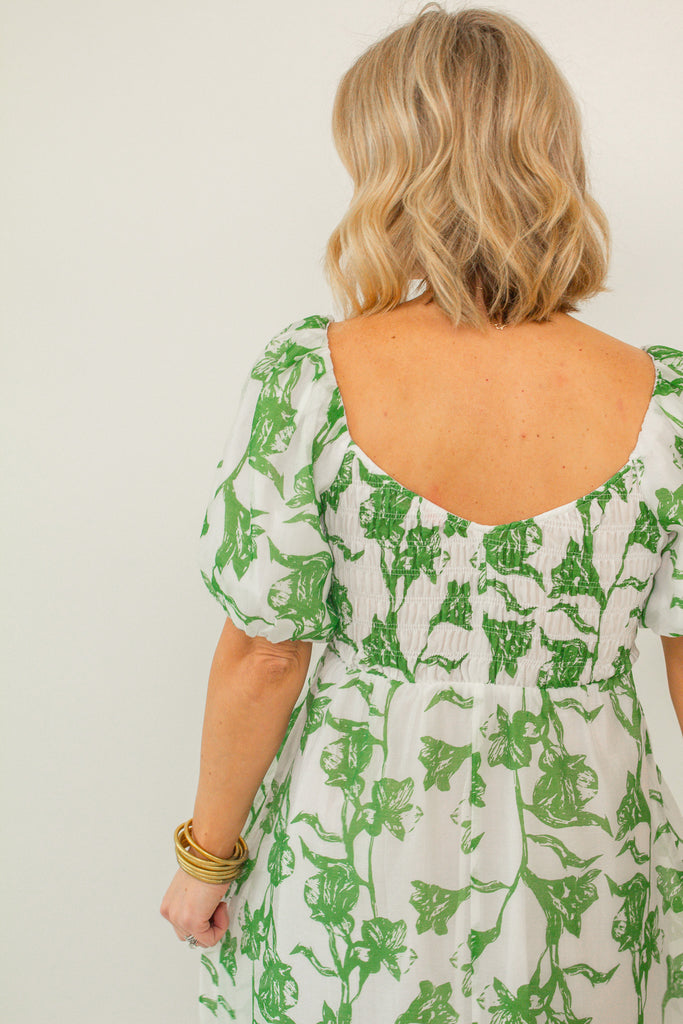 Green and White Floral Puff Sleeve Maxi Dress with Smocked Bodice