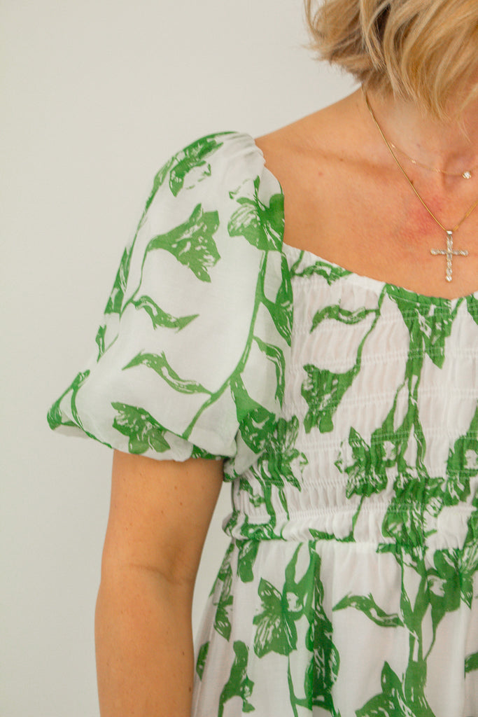 Green and White Floral Puff Sleeve Maxi Dress with Smocked Bodice