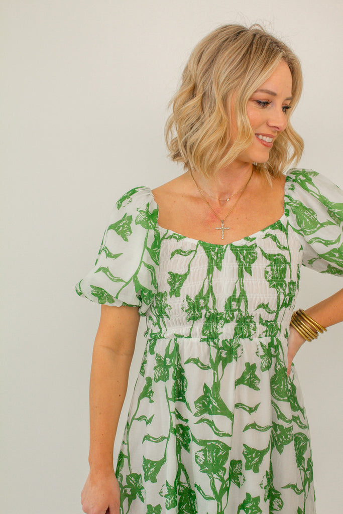 Green and White Floral Puff Sleeve Maxi Dress with Smocked Bodice