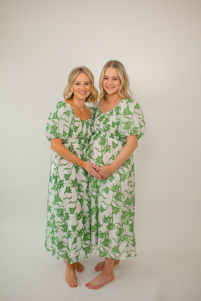 Green and White Floral Puff Sleeve Maxi Dress with Smocked Bodice
