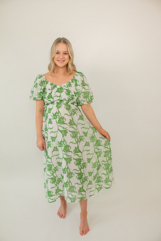 Green and White Floral Puff Sleeve Maxi Dress with Smocked Bodice