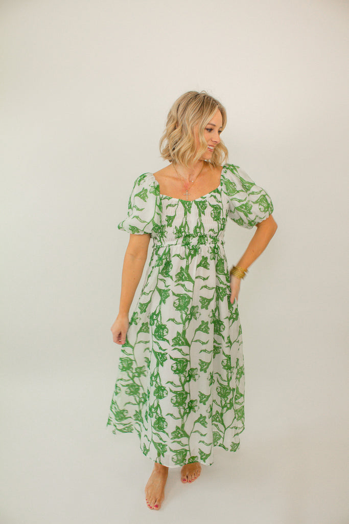 Green and White Floral Puff Sleeve Maxi Dress with Smocked Bodice