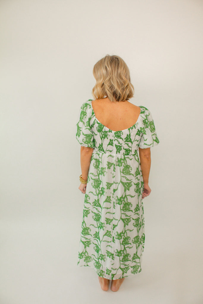 Green and White Floral Puff Sleeve Maxi Dress with Smocked Bodice