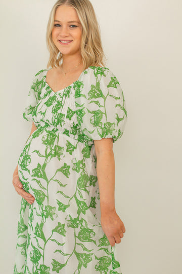 Green and White Floral Puff Sleeve Maxi Dress with Smocked Bodice