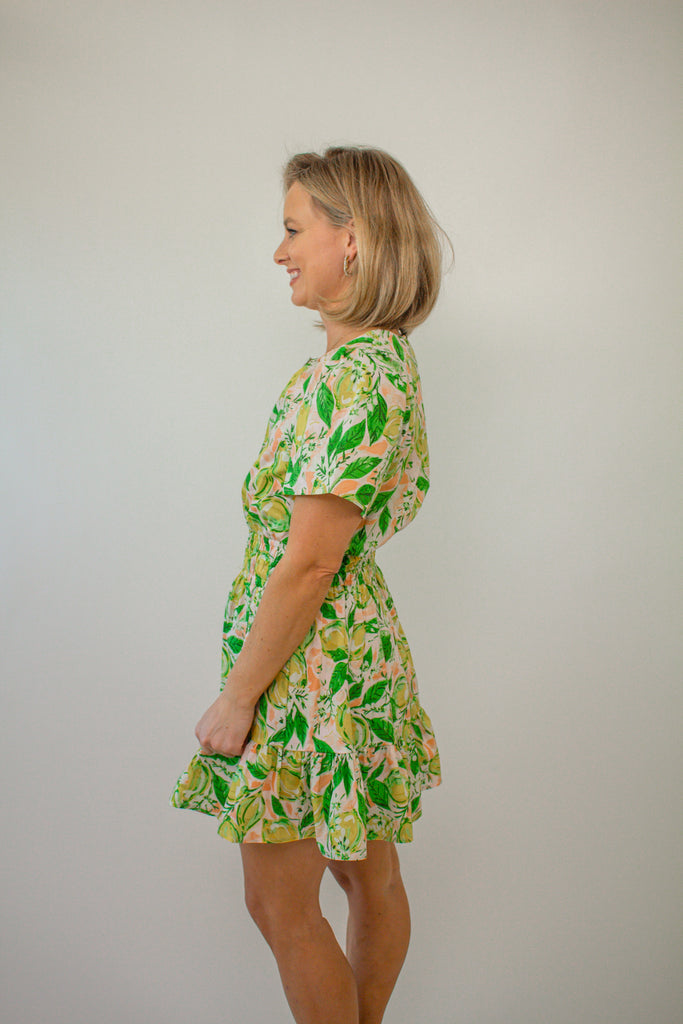 Yellow-Lemon-Print-Short-Sleeve-Mini-Dress-with-Ruffle-Hem