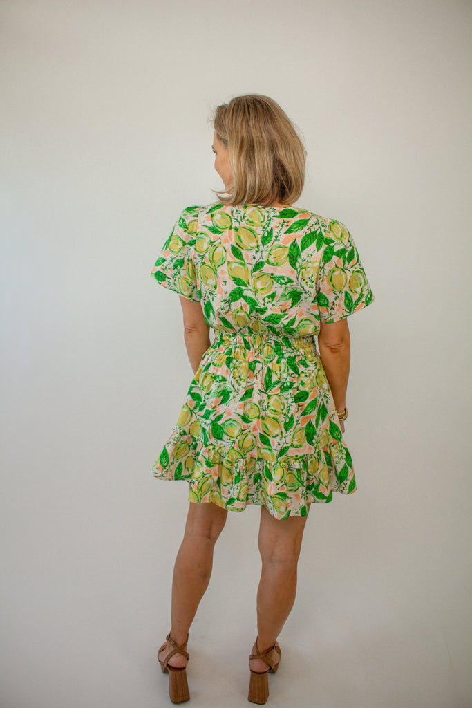 Yellow-Lemon-Print-Short-Sleeve-Mini-Dress-with-Ruffle-Hem