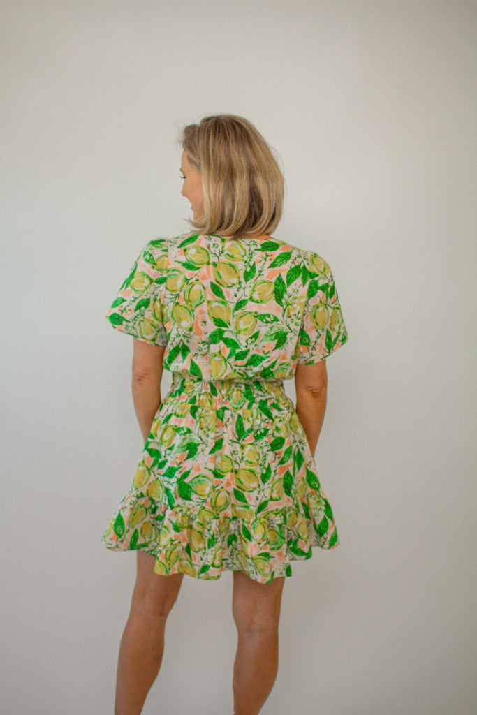 Yellow-Lemon-Print-Short-Sleeve-Mini-Dress-with-Ruffle-Hem