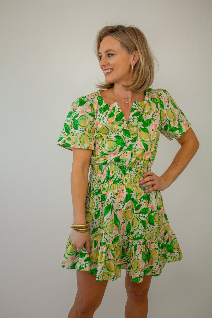 Yellow-Lemon-Print-Short-Sleeve-Mini-Dress-with-Ruffle-Hem