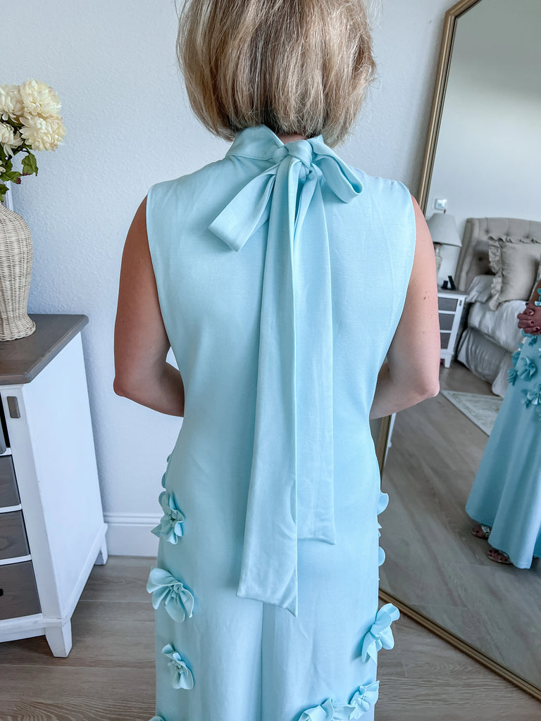 Light Blue sleeveless maxi dress with 3D floral applique, available for purchase.