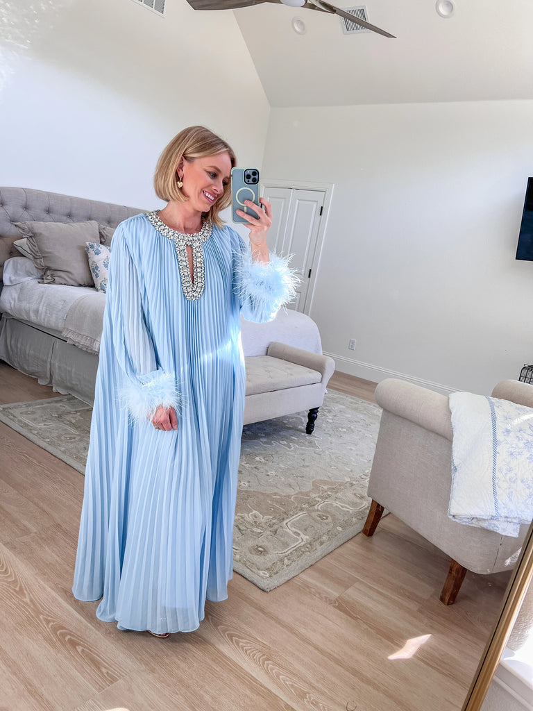 Light Blue Pleated Maxi Dress with Embellished Neckline and Feather Cuffs