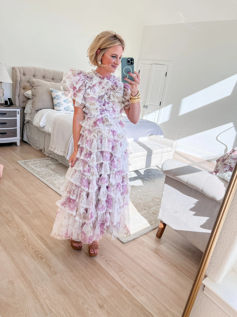 lace and ruffle long cocktail dress with floral print and white