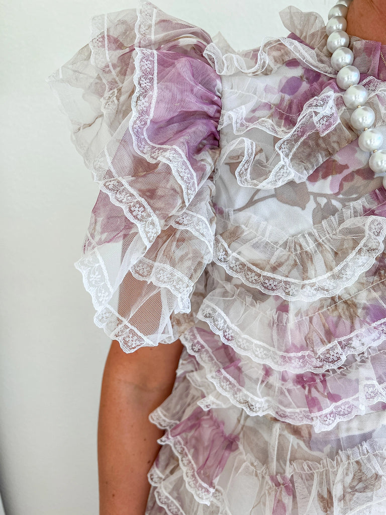 lace and ruffle long cocktail dress with floral print and white