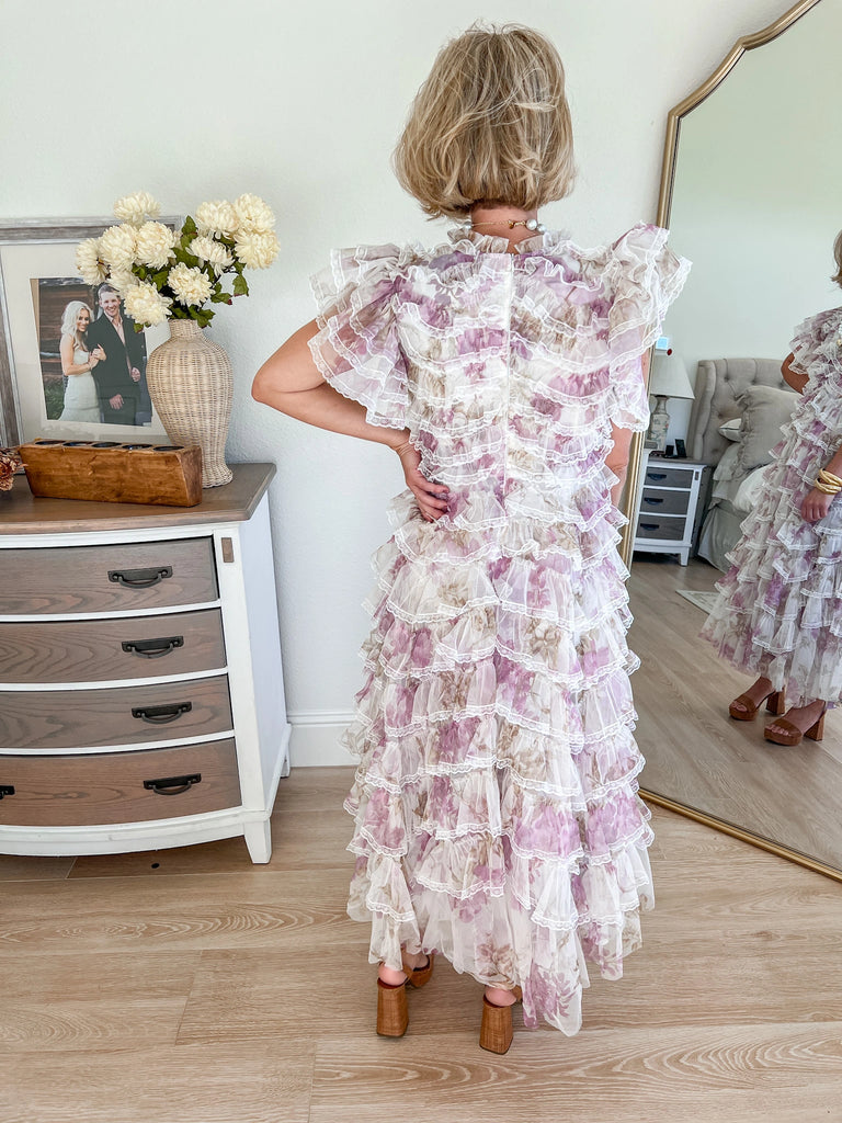 lace and ruffle long cocktail dress with floral print and white
