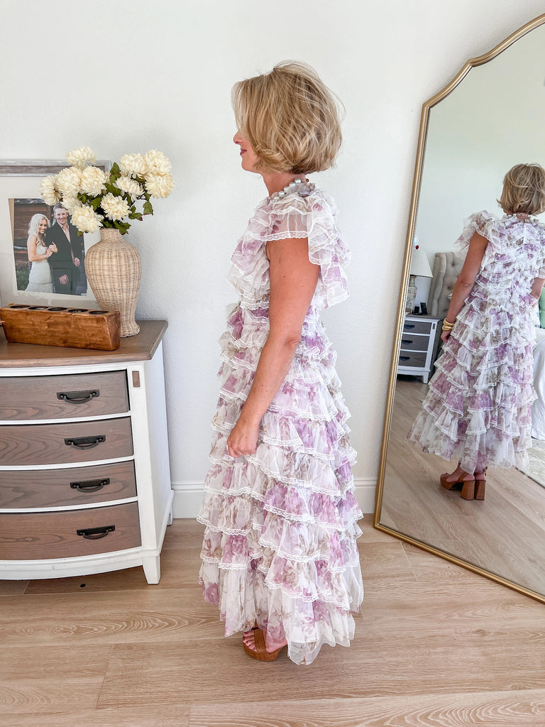 lace and ruffle long cocktail dress with floral print and white