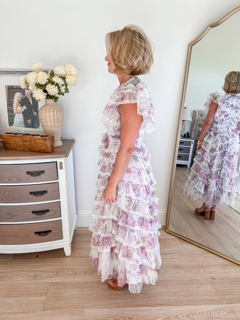 lace and ruffle long cocktail dress with floral print and white
