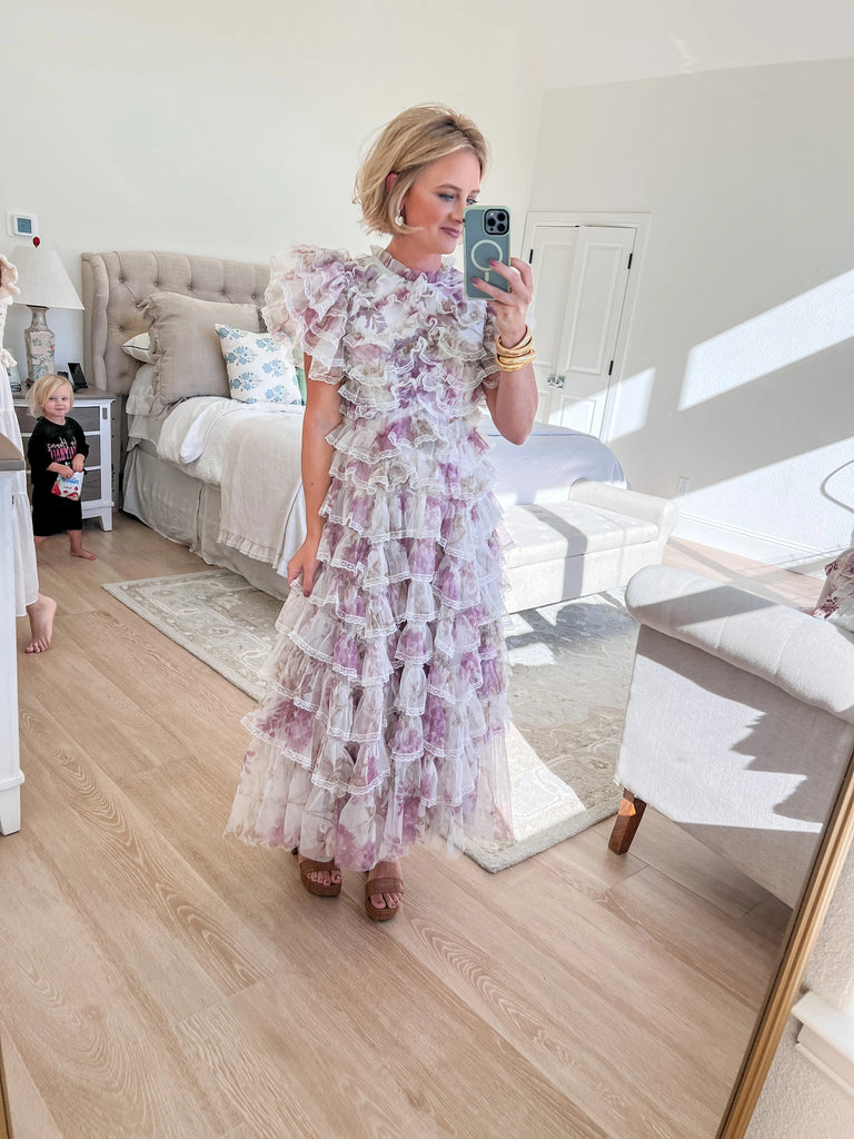 lace and ruffle long cocktail dress with floral print and white