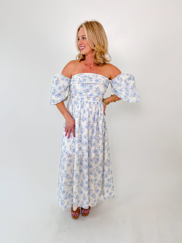 Off-the-shoulder blue floral puff sleeve maxi dress for women – boutique style