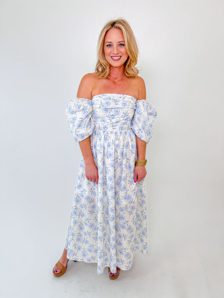 Off-the-shoulder blue floral puff sleeve maxi dress for women – boutique style
