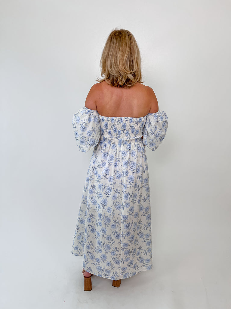 Off-the-shoulder blue floral puff sleeve maxi dress for women – boutique style