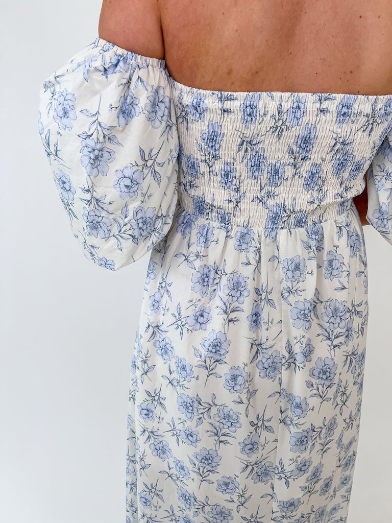 Off-the-shoulder blue floral puff sleeve maxi dress for women – boutique style