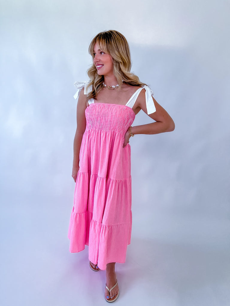 Pink and white striped tie-shoulder midi dress with smocked bodice and tiered skirt