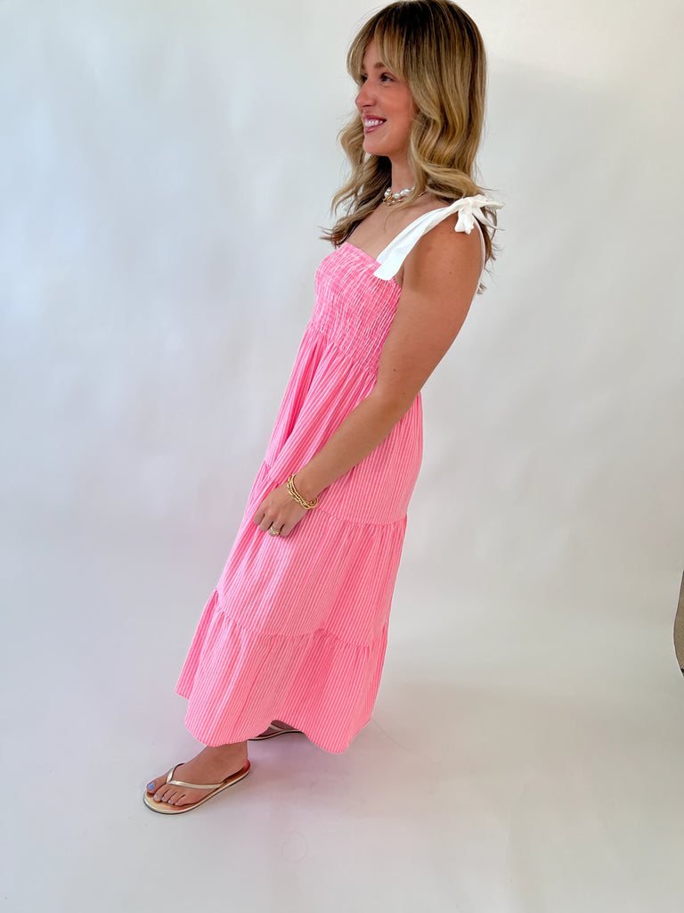 Pink and white striped tie-shoulder midi dress with smocked bodice and tiered skirt