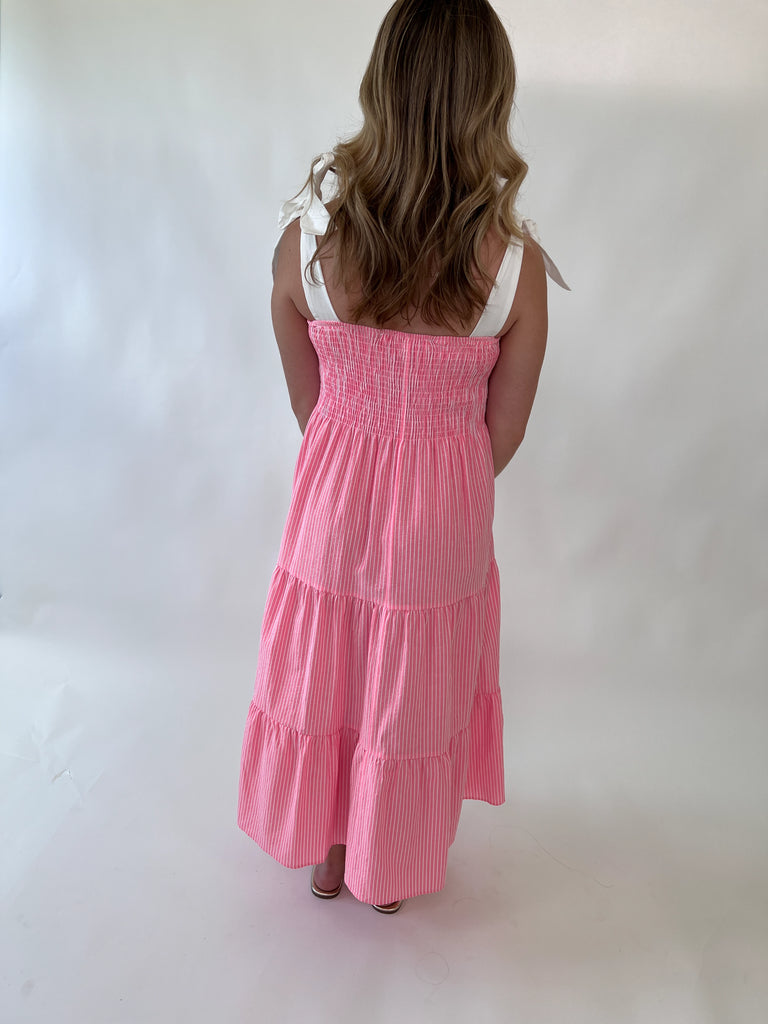 Pink and white striped tie-shoulder midi dress with smocked bodice and tiered skirt