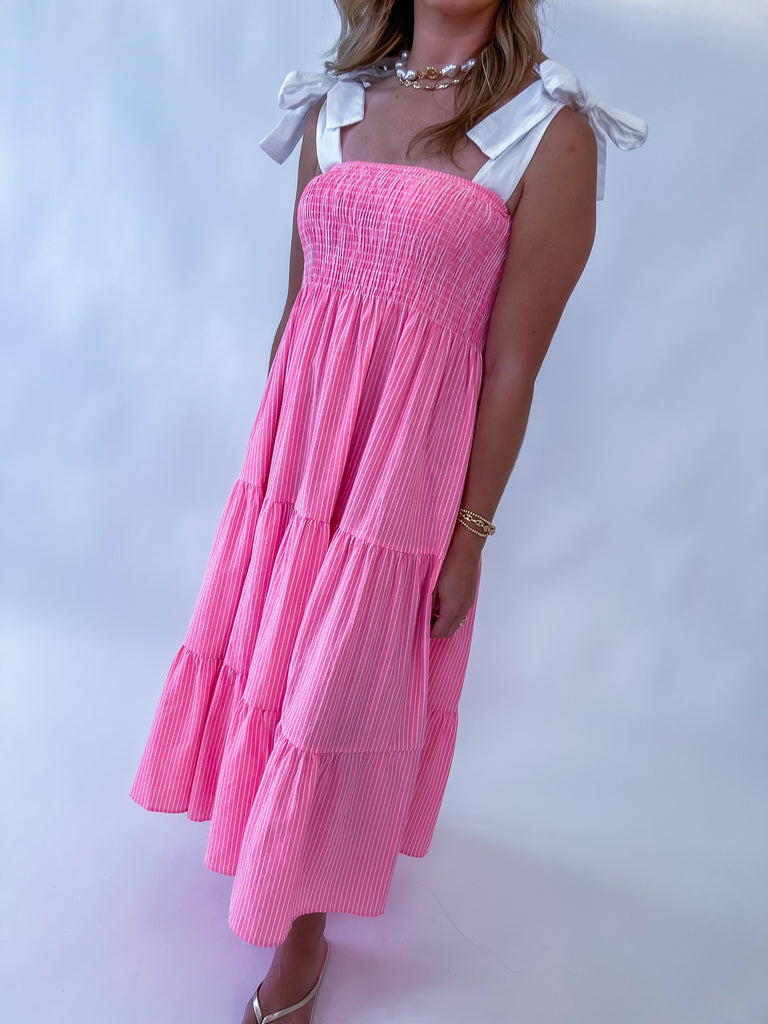 Pink and white striped tie-shoulder midi dress with smocked bodice and tiered skirt