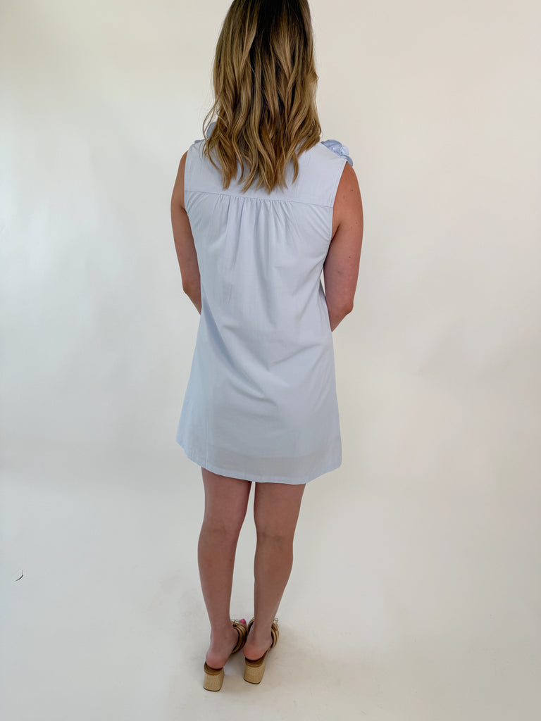 Sleeveless blue shirt dress with 3D flowers on the shoulders