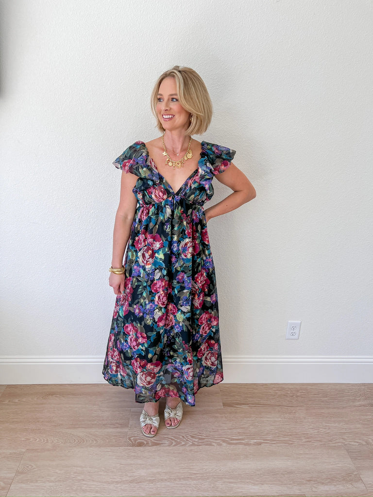 floral maxi dress with ruffle sleeves, deep -neck, and tie-back detail, perfect for weddings, parties or special occasions, christmas or holiday parties