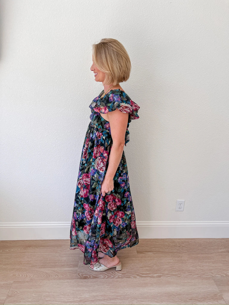 floral maxi dress with ruffle sleeves, deep -neck, and tie-back detail, perfect for weddings, parties or special occasions, christmas or holiday parties