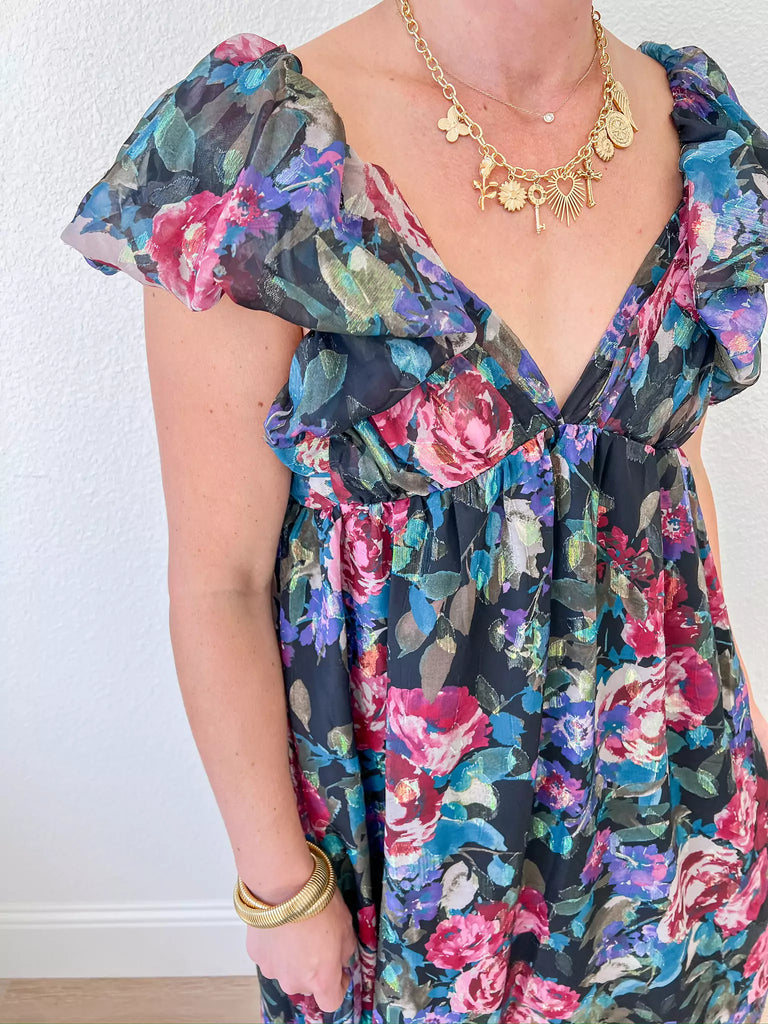 floral maxi dress with ruffle sleeves, deep -neck, and tie-back detail, perfect for weddings, parties or special occasions, christmas or holiday parties