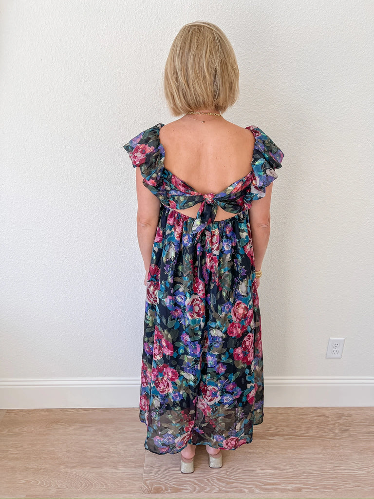 floral maxi dress with ruffle sleeves, deep -neck, and tie-back detail, perfect for weddings, parties or special occasions, christmas or holiday parties