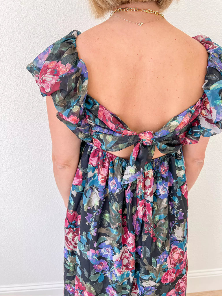 floral maxi dress with ruffle sleeves, deep -neck, and tie-back detail, perfect for weddings, parties or special occasions, christmas or holiday parties