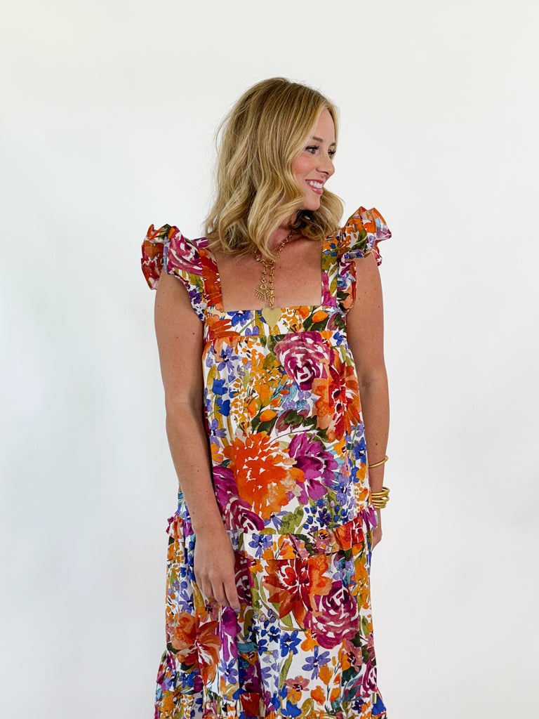 Bright floral ruffle strap maxi dress with bow back