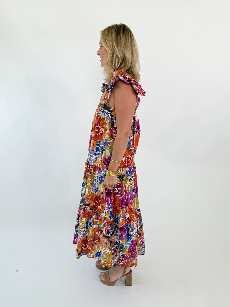 Bright floral ruffle strap maxi dress with bow back
