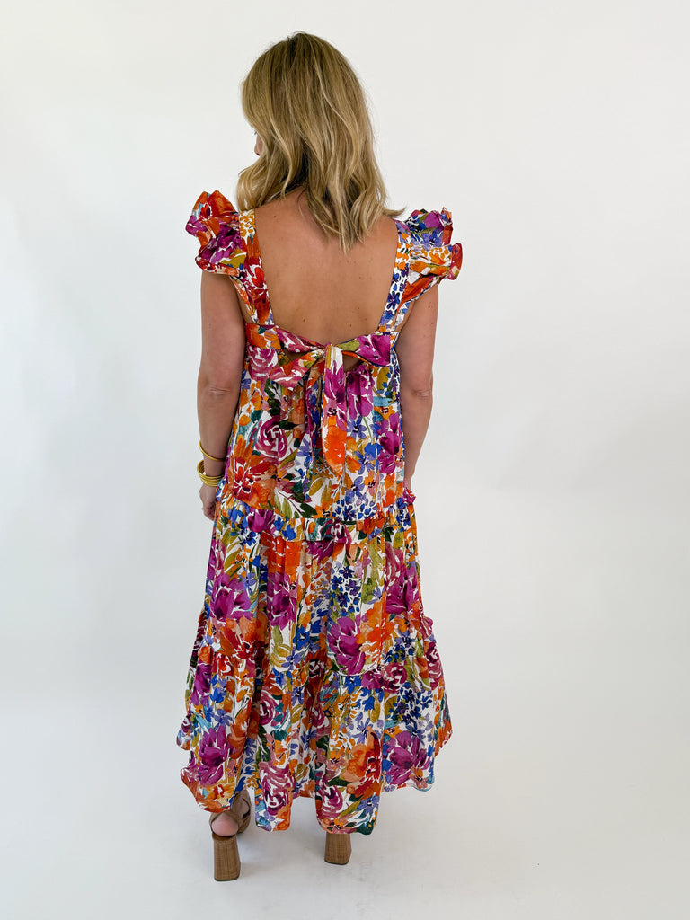 Bright floral ruffle strap maxi dress with bow back
