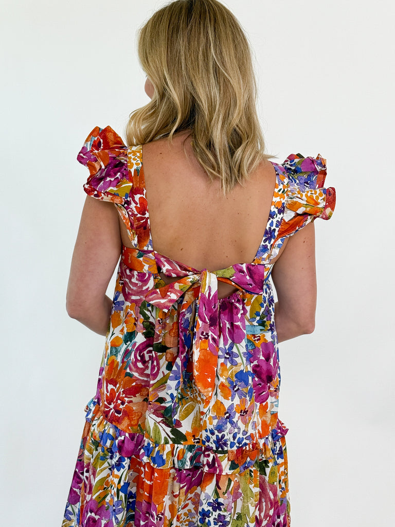 Bright floral ruffle strap maxi dress with bow back
