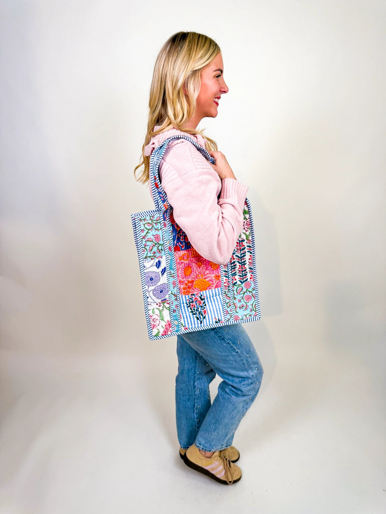 Garden Patch Quilted Tote bag available in pink and blue with floral patchwork design