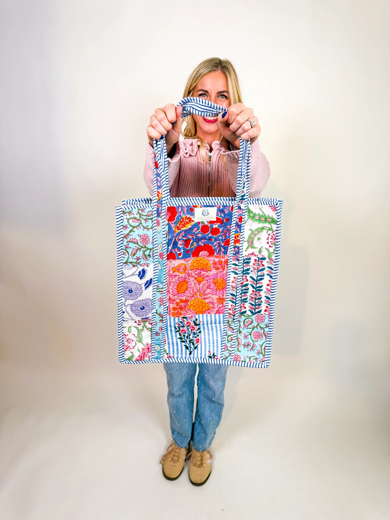 Garden Patch Quilted Tote bag available in pink and blue with floral patchwork design