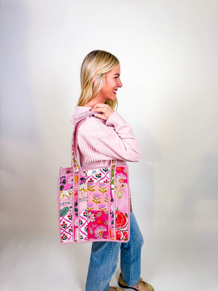Garden Patch Quilted Tote bag available in pink and blue with floral patchwork design