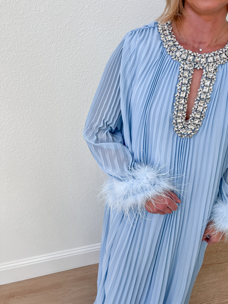 Light Blue Pleated Maxi Dress with Embellished Neckline and Feather Cuffs