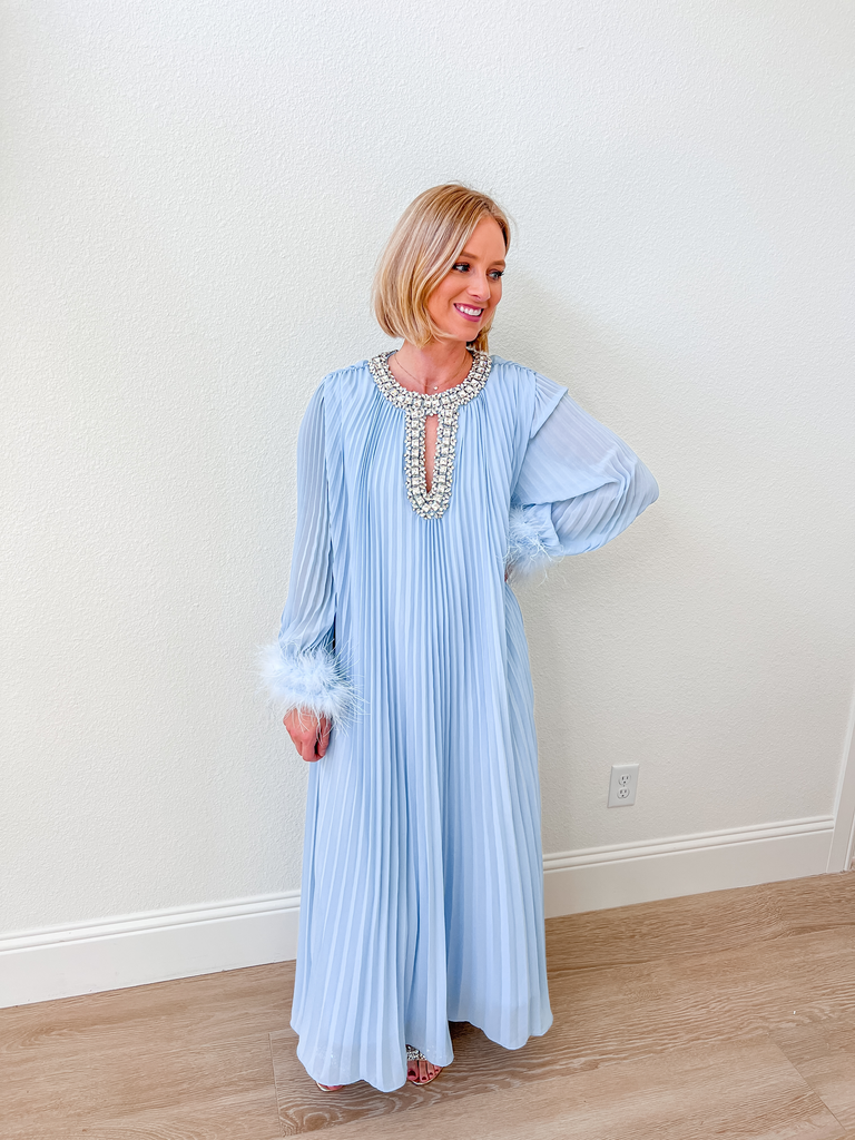 Light Blue Pleated Maxi Dress with Embellished Neckline and Feather Cuffs