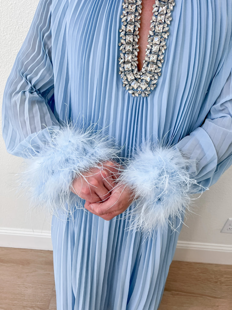 Light Blue Pleated Maxi Dress with Embellished Neckline and Feather Cuffs