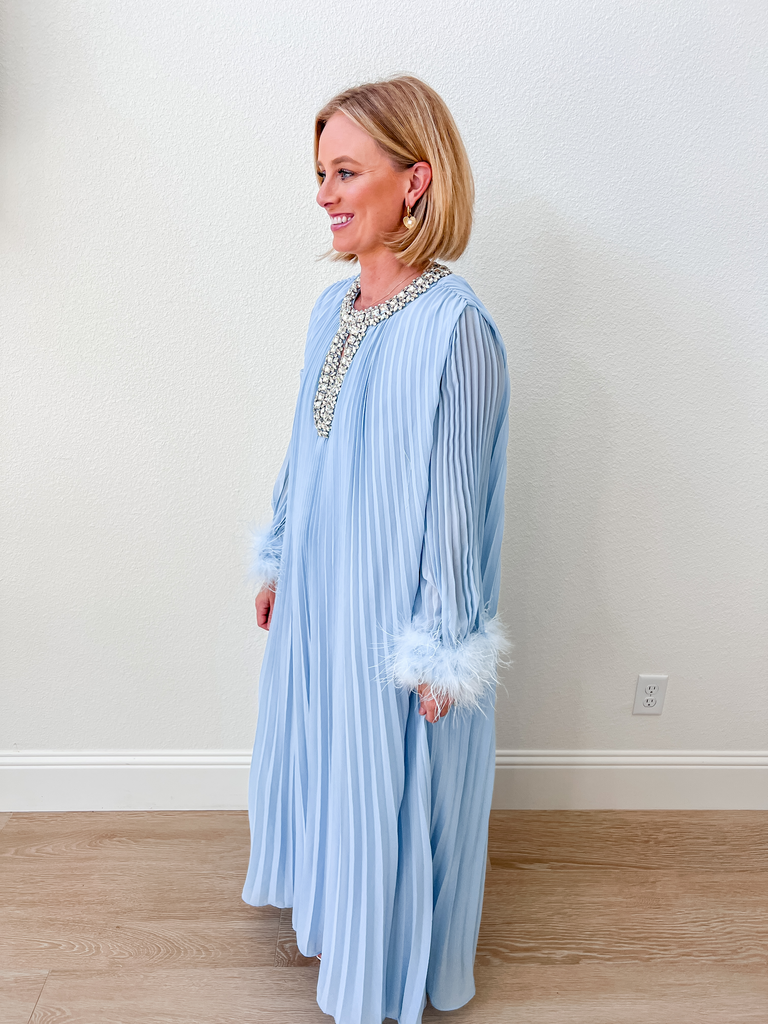 Light Blue Pleated Maxi Dress with Embellished Neckline and Feather Cuffs