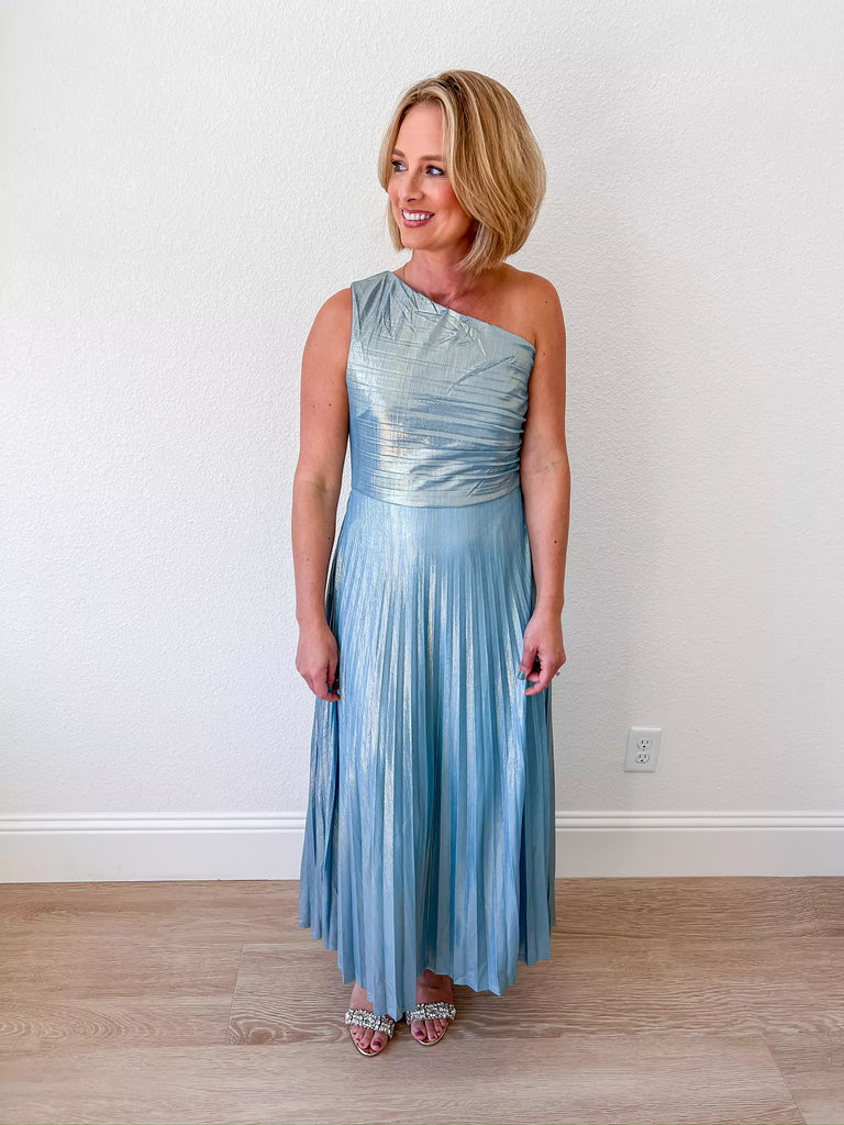 Light blue one-shoulder metallic pleated maxi dress, ideal for weddings, holiday parties, or formal events.