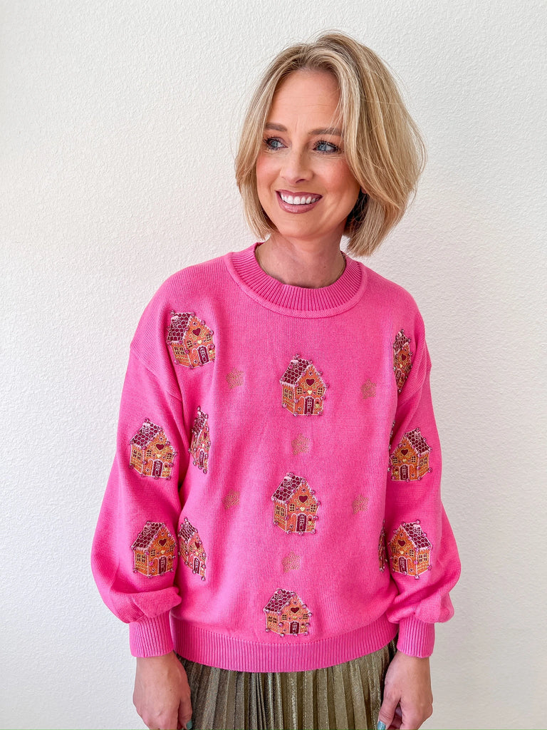 pink gingerbread house embroidered holiday christmas sweater